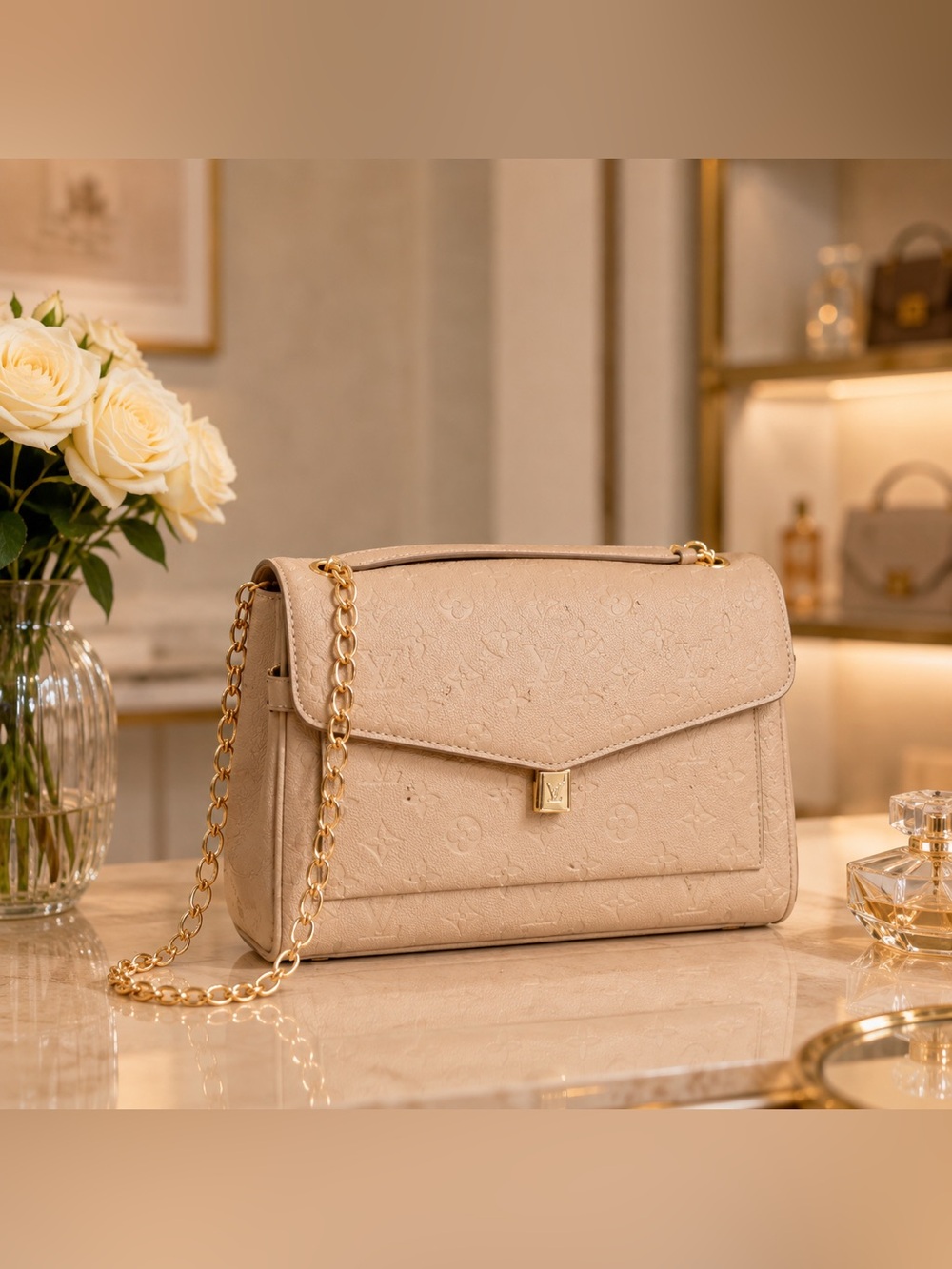 Beige Tan Fashion Monogram Chain Shoulder Bag
